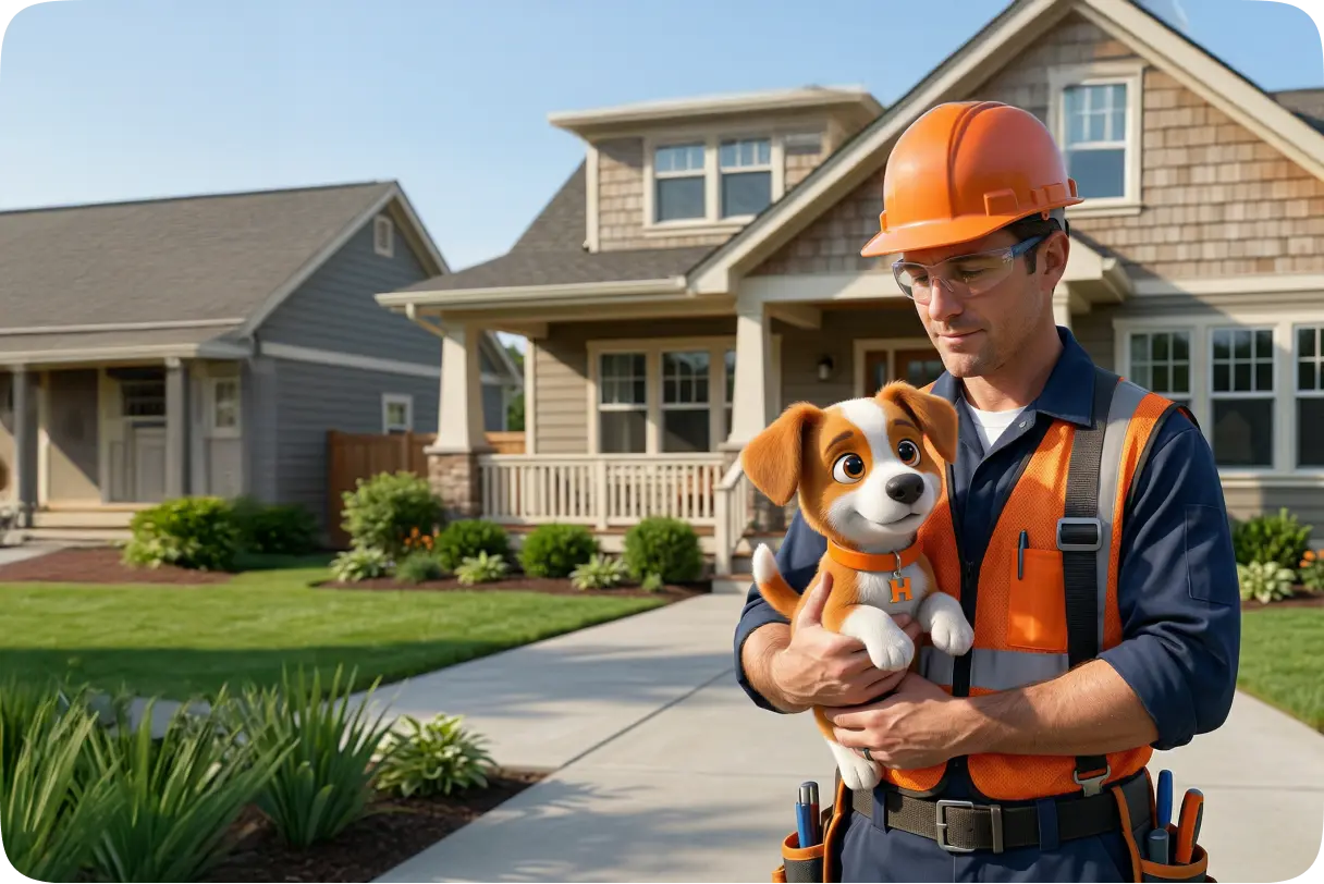 Houser Pro professional with safety gear and mascot